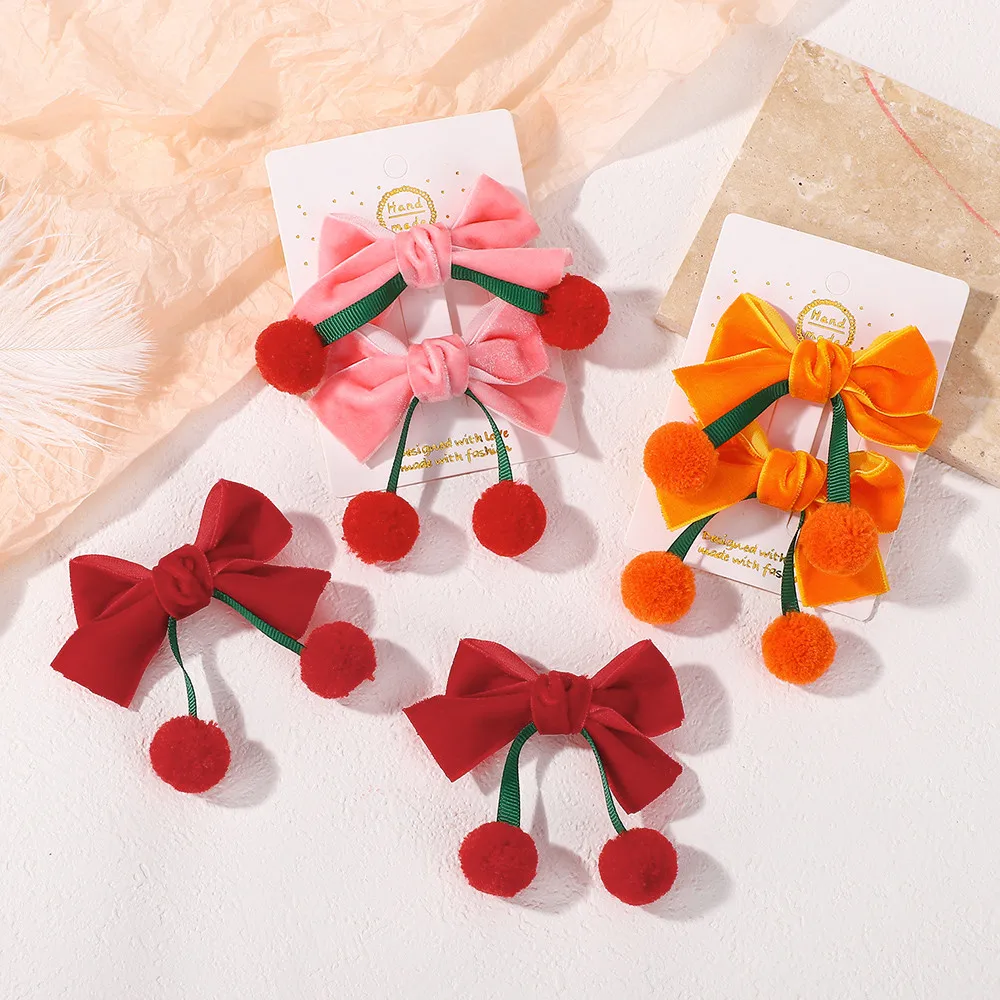 

2Pcs Trendy Velvet Bows Hair Clips for Girls Sweet Red Cherry Hairpins Plush Ball Barrette Christmas New Year Kids Ponytail Clip