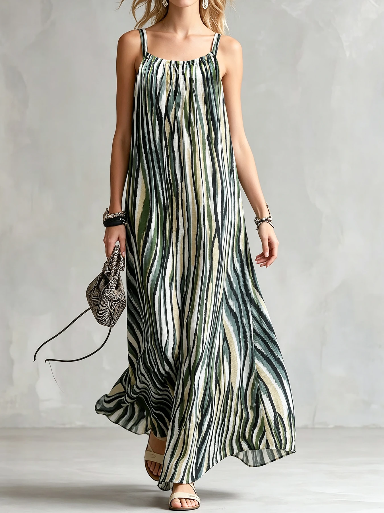 Boho Ikat Streifenmuster Ärmelloses Trägerkleid mit Ausschnitt Lässiges Strand-Maxikleid für Damen – Detail 2