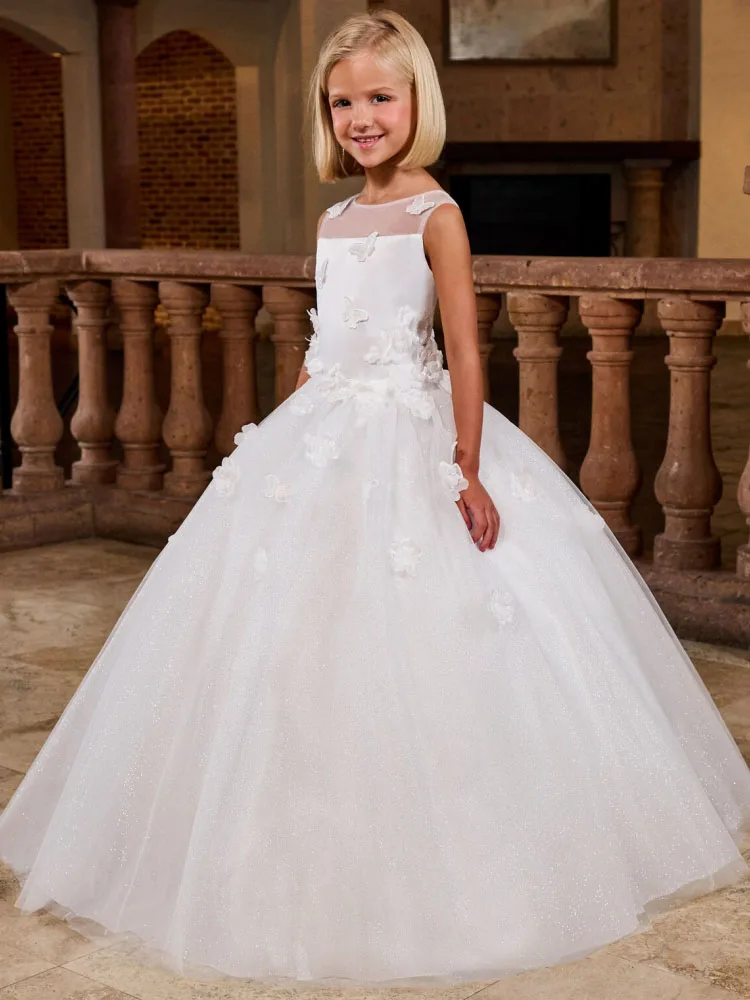 

Индивидуальные платья для девочек-цветочниц, белое тюлевое платье без рукавов с цветами-бабочками для свадьбы, дня рождения, выпускного вечера, платье для святого причастия