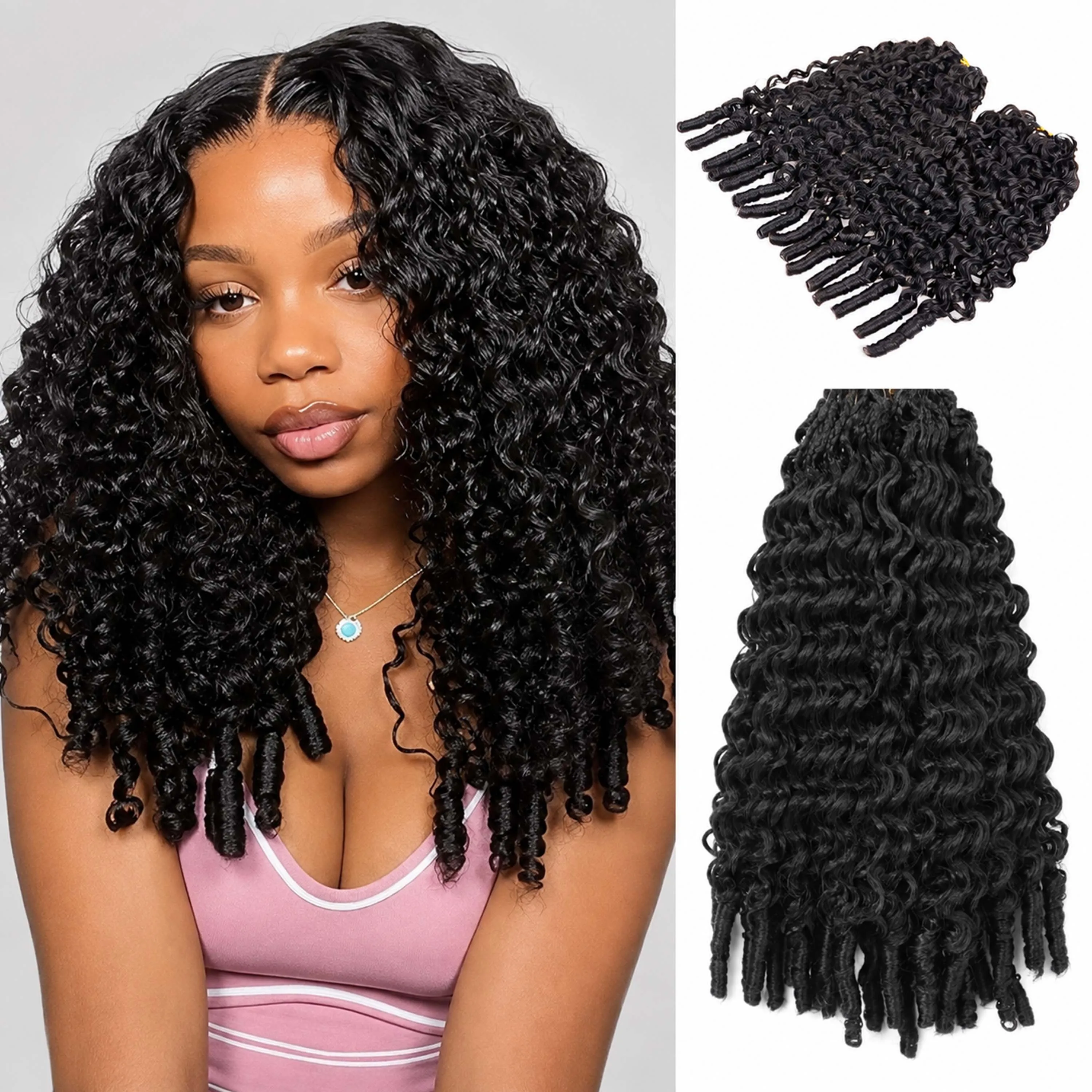 Burmese Curly Light Weight Crochet Hair Extensions for Women Black Color 18inch 60g Knotless Pre-Separated Feather Reusable