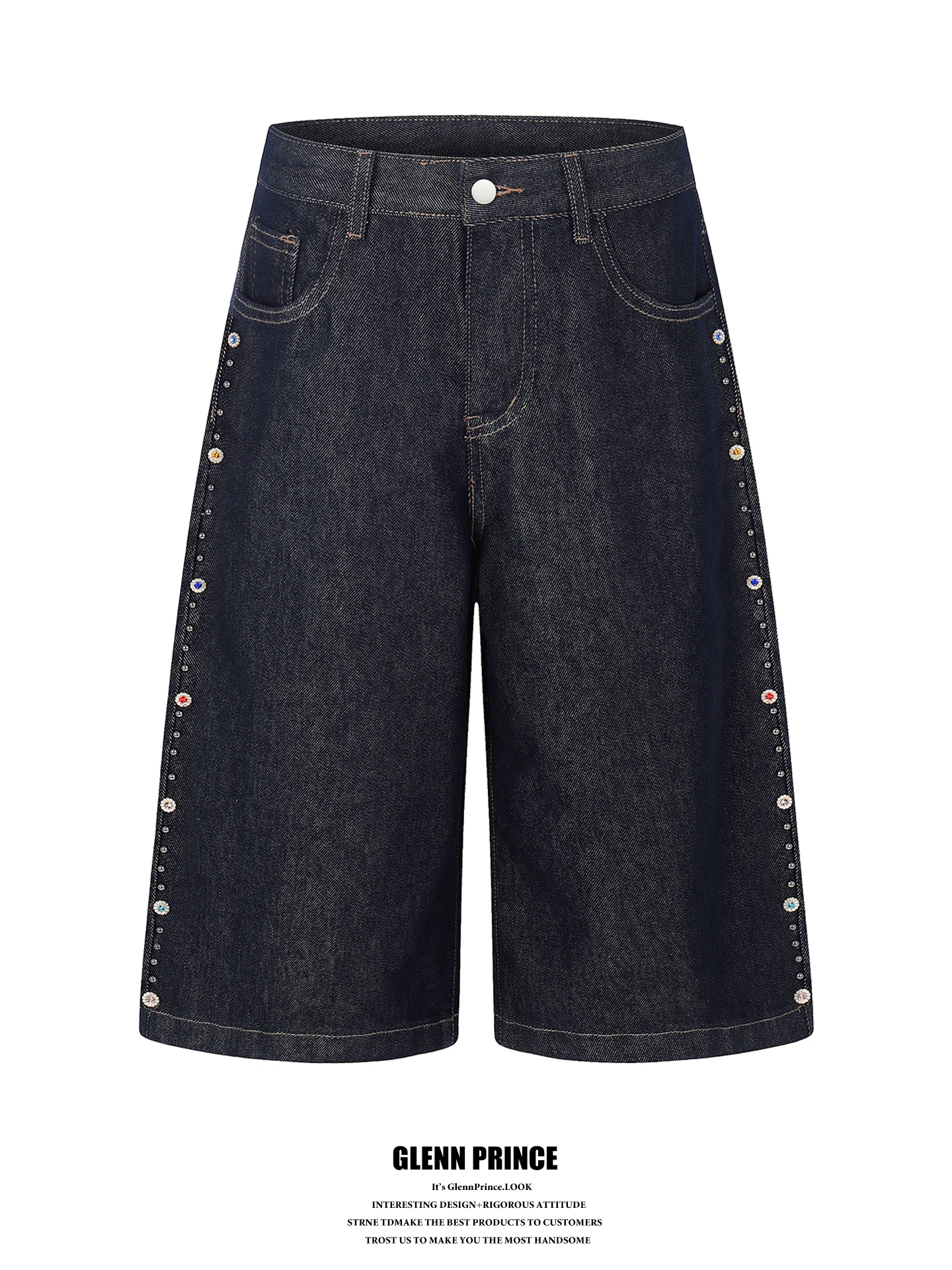 

Trendy Retro Men's Denim Shorts with Small Diamonds Original Blue Seven-Foot Jeans Summer New Design Straight Tube Mid-Pants