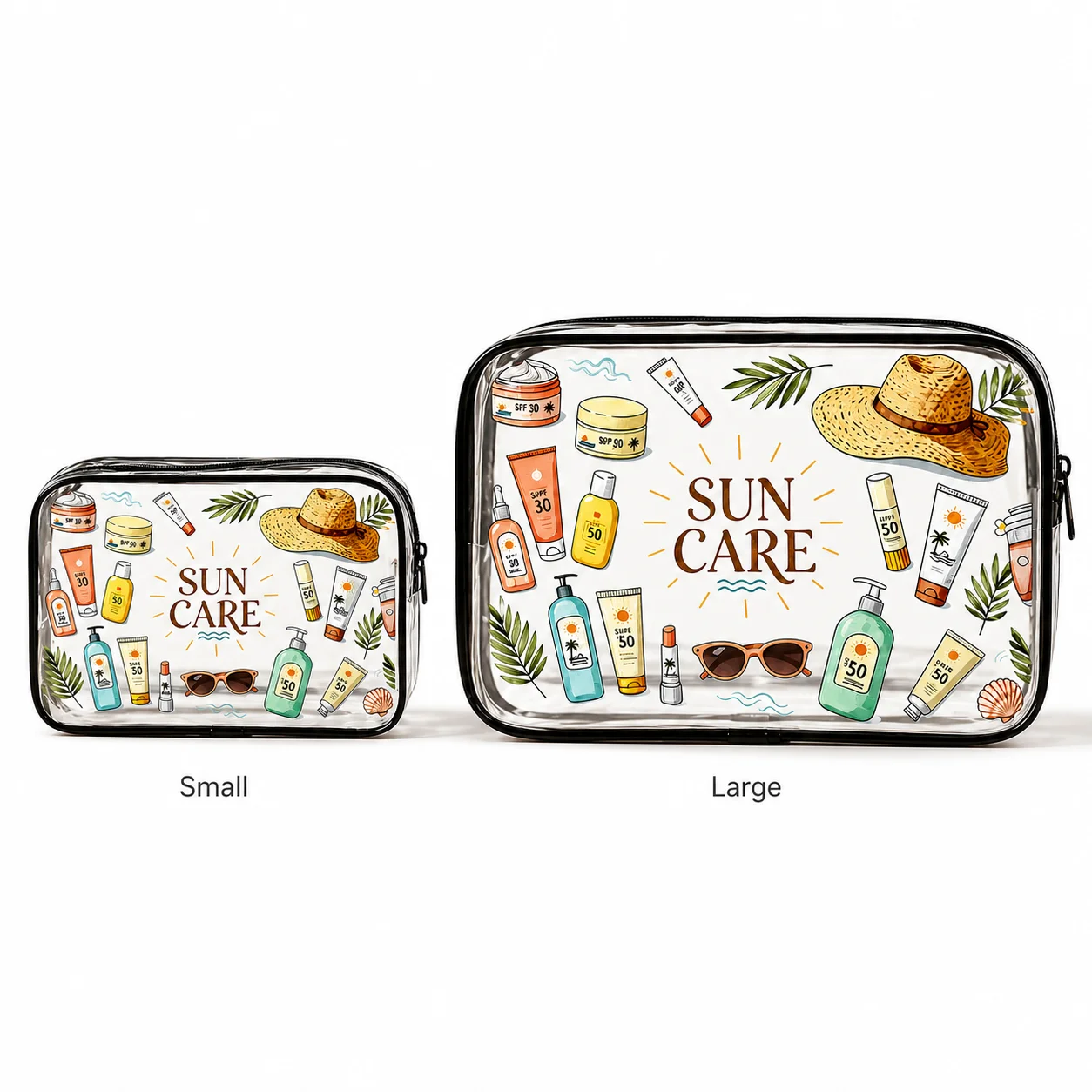 Sun Care Clear PVC Toiletry Bag, Waterproof Travel Makeup Organizer Pouch for Beach Sunscreen & Skincare