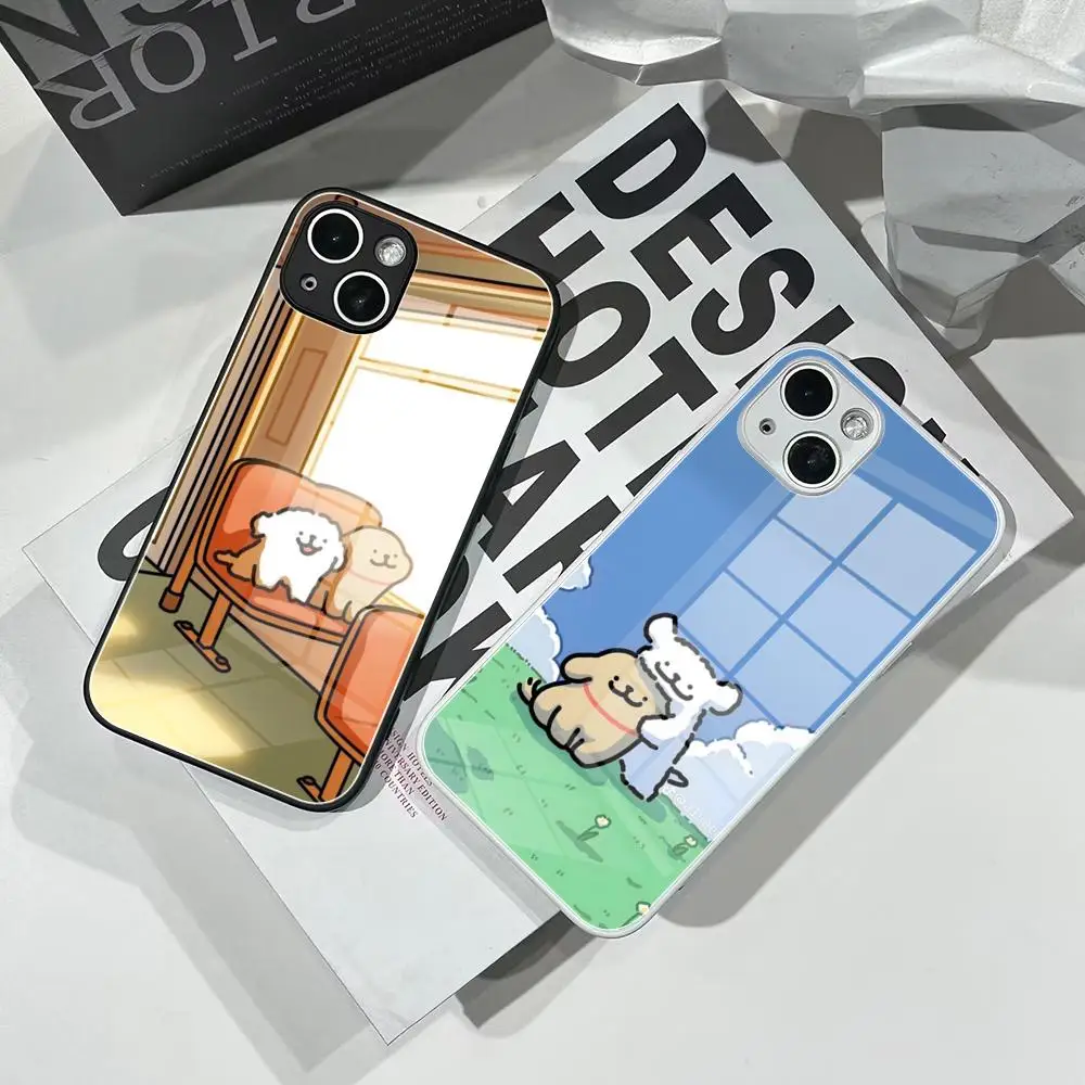 

cartoon Maltese dog and golden retriever Phone Case Tempered Glass For IPhone 16 15 Pro Max 14 13 12 Mini Plus Samsung S24 S23 U
