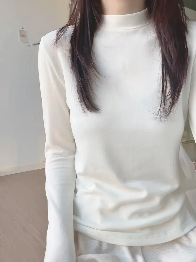 White Stand Collar Base Shirt Women's Autumn Winter Long Sleeve Slim Fit Thermal T-Shirt Top Half High Collar Regular Fit