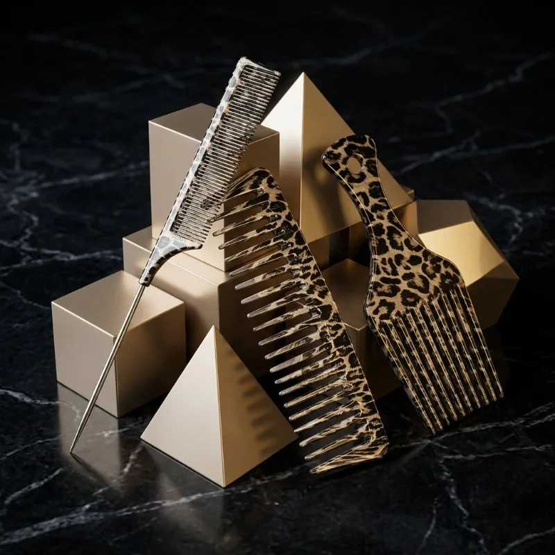3Pcs Leopard Print Haircutting Comb，Pin Tail Comb,wide-tooth Comb,Oil Fork Comb. Smooth Hair Combing Salon Hair Accessories