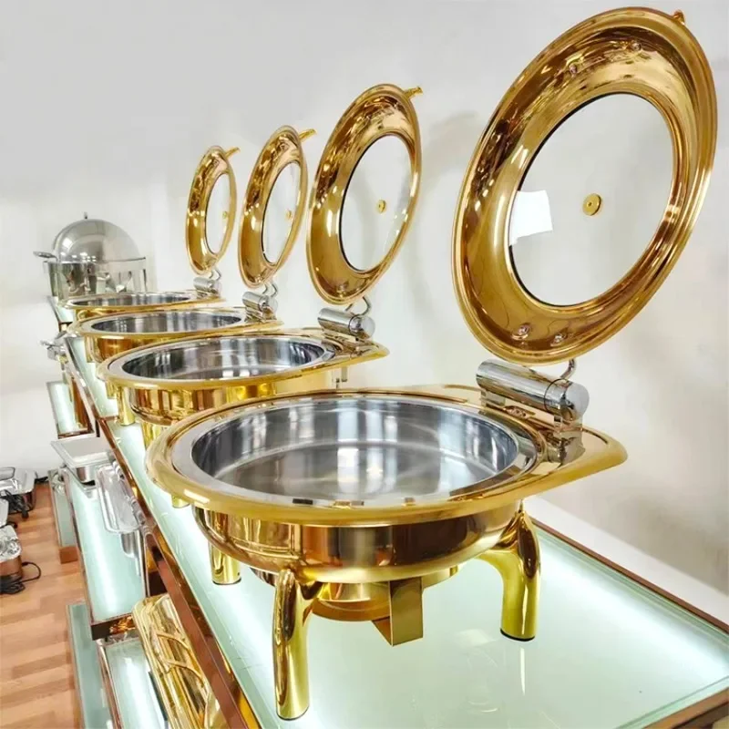 6.8L Banquet Wedding Vegetables Stainless Steel Buffet Stove Bell Dome Soup Food Heater Set  Round Party Hotel Golden Hot Pot