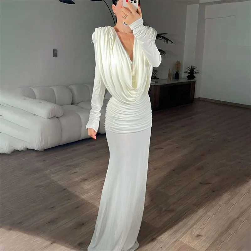 

Deep-V Neck Pleated Women's Autumn Evening Dress Long Sleeve Sheath Slim Bandage Gown Elegant White Backless Party Skirt Newest