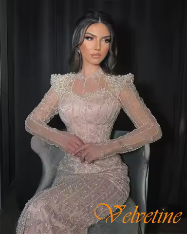 Customized Delicate Satin High Collar Evening Dress Exquisite Long Sleeves Prom Dresses Delicate Crystal Special Occasion Gowns