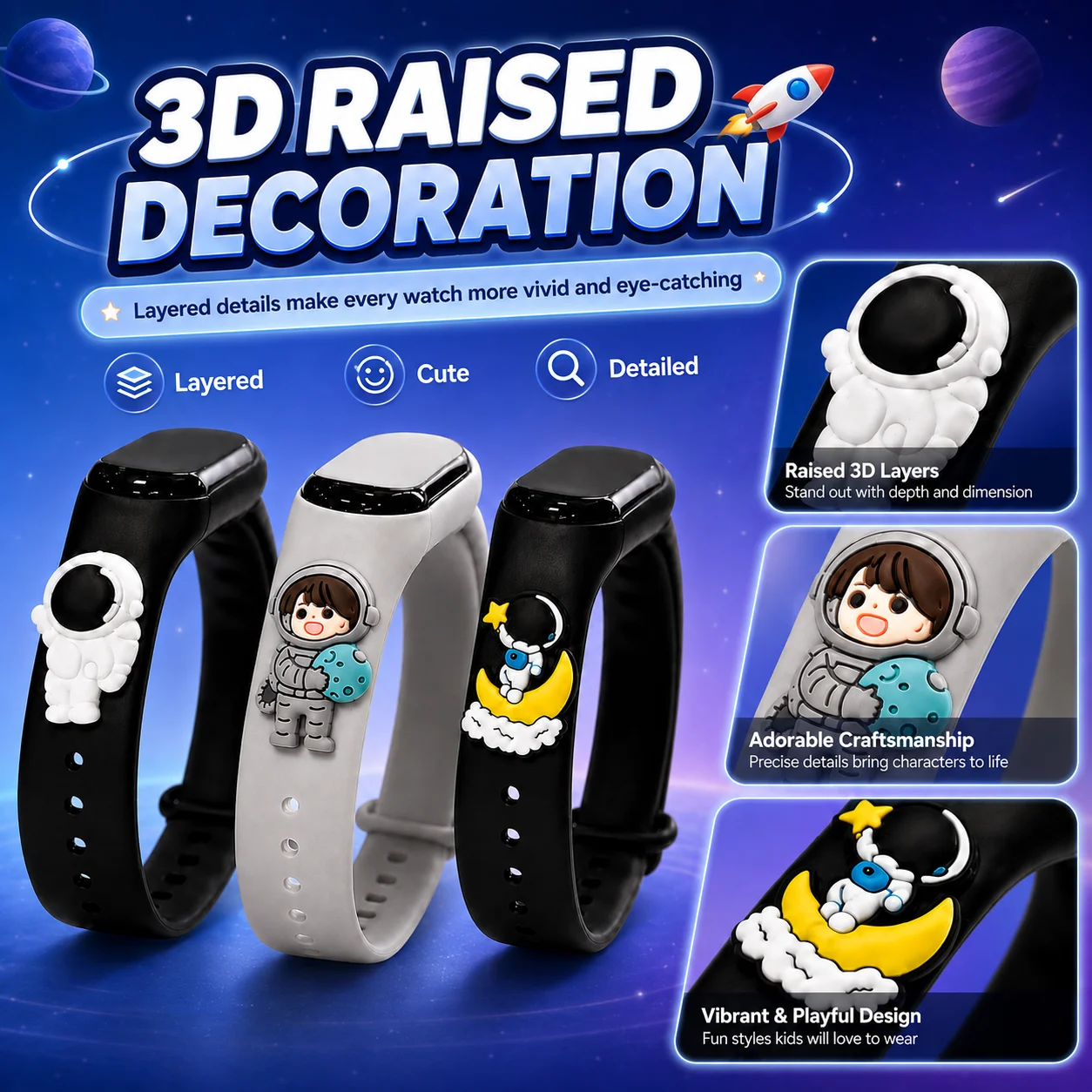 3Pcs Space-Themed Adjustable Kids' Watch Set, Featuring 3D Astronaut, Moon and Planet Charms