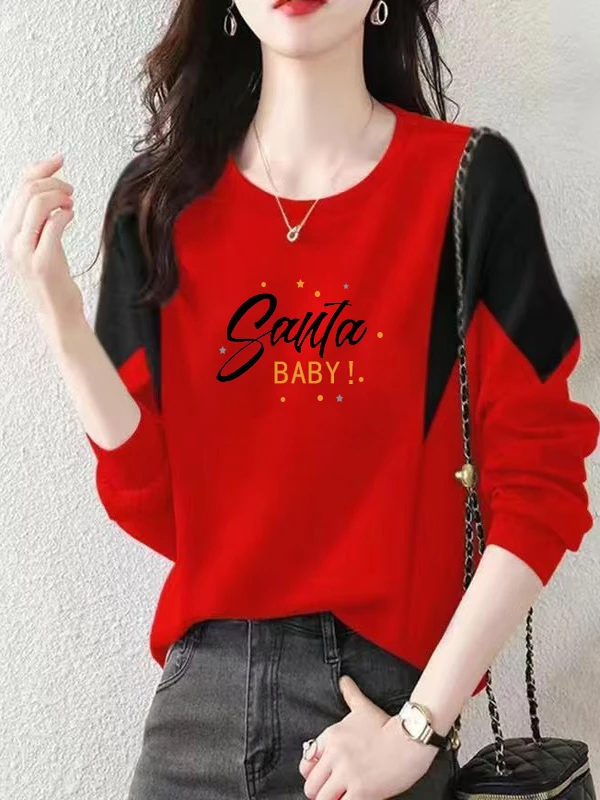 

Fashionable Long Sleeve T-Shirt Women's Spring Autumn Winter New Style Color Block Dervo Letter Shoulder Insertion Top Base S...