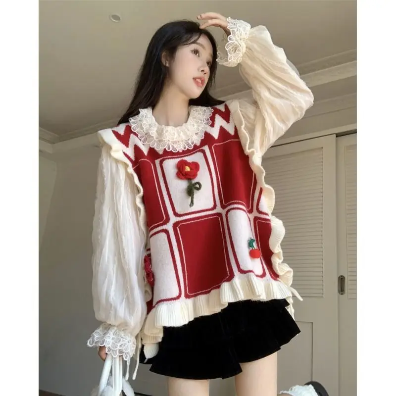 

Sweater Vest Women Autumn Winter Sweet 3d Flower Color Contrast Ruffles Pullover Korean Overlap Fashion Knit Tops 2024