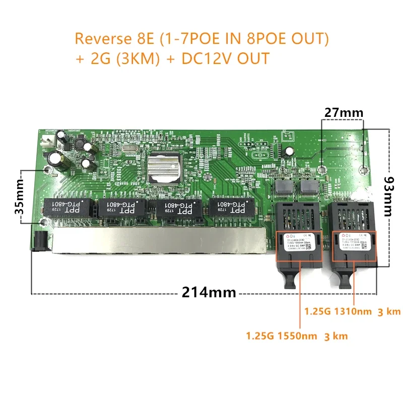 Reverse POE 10/100/1000M Gigabit Ethernet switch Ethernet Fiber Optical Single Mode 8 RJ45 UTP&2 SC fiber Port Board SFP3KM