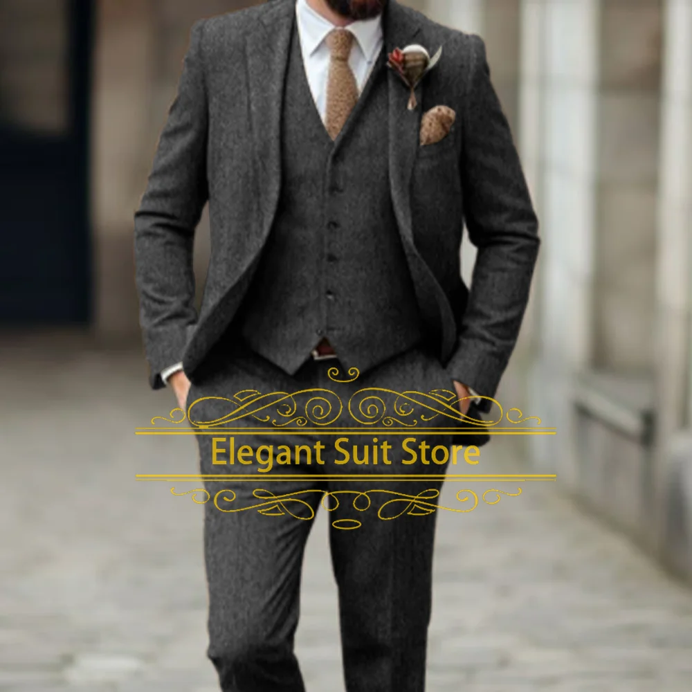 2025 Suit Sets For Men Herringbone Evening Dinner Slim Fit Blazer Pants 3 Pieces Elegant Male