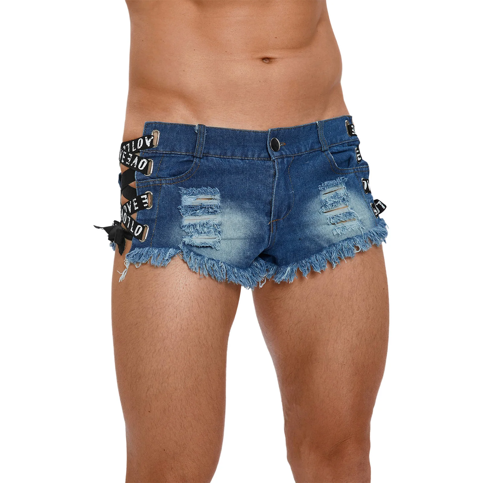 Men's Low Waist Denim Shorts Letters Ribbons Trim Criss-cross Hollow-out Ultrashort Jeans Button Mini Hot Pants Beach Clubwear
