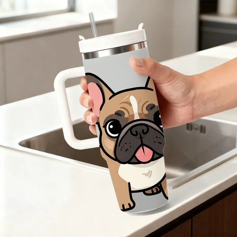 Cute Cartoon French Bulldog Digital Print 40oz Stainless Steel Insulated Tumbler, Reusable Thermal Cup for Keeping Drinks Hot or Cold, Ideal for Daily Use, Commuting and Outdoor Activities