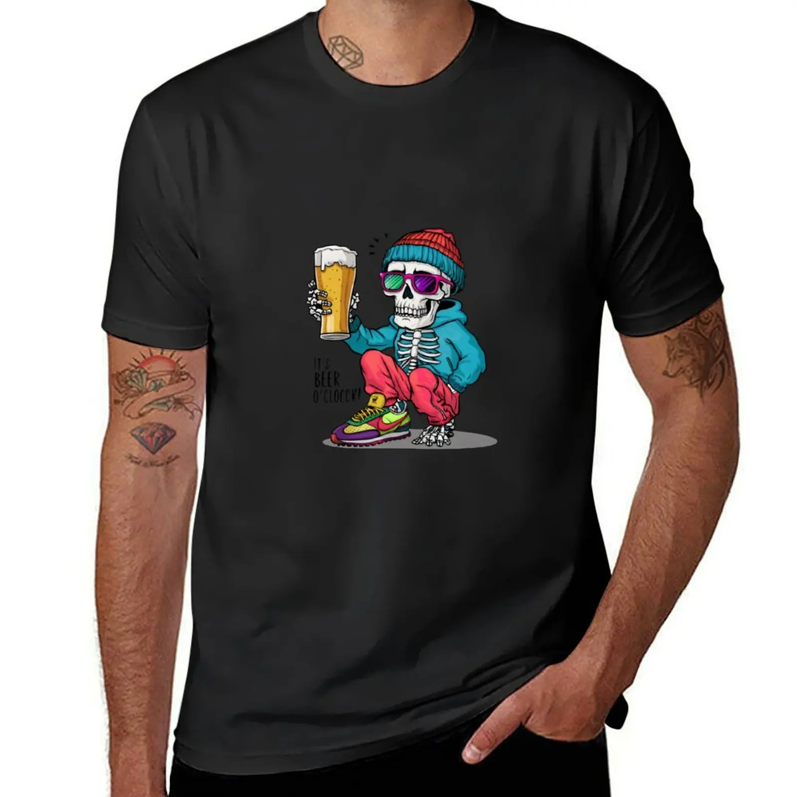 

skeleton wearing with beanie, hat and a full glass of beer T-Shirt anime clothes cotton graphic tees men t shirts high quality