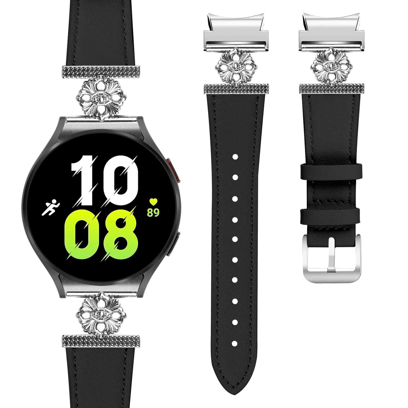 

No Gap Strap For Samsung Galaxy Watch 7 6 5 4 Watchband Leather + metal Four Petals Bracelet Band for Watch 5 Pro 45mm 4 Classic