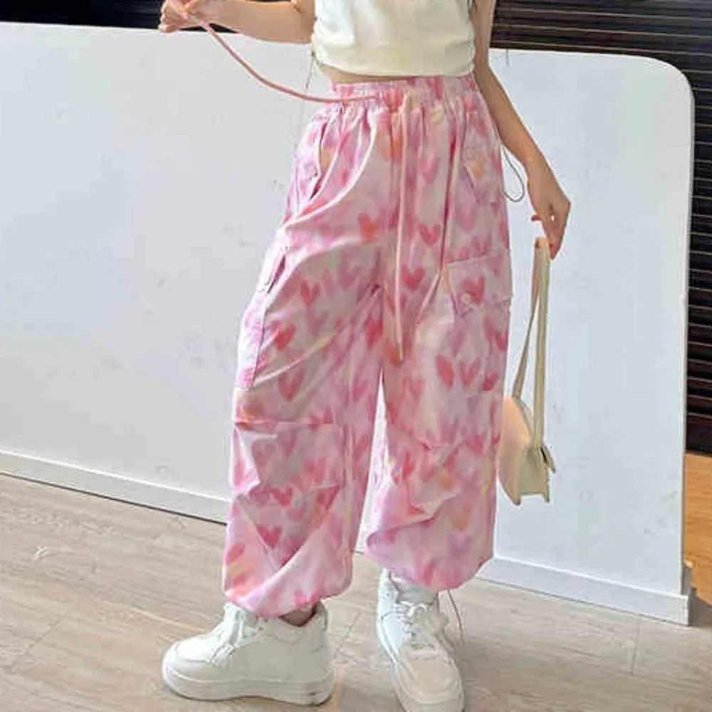 Casual Multi Pockets Baggy Cargo Pants Joggers Drawstring Y2k Wide Leg Pants Hip Hop High Waist Heart Printing Pants Girl Sports