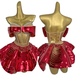 Sparkly Red Top 2PCS Skirt Sets Women Sexy Diamonds Activity Clothing Club Celebrate Stage Wear Performance Outfit Feidie