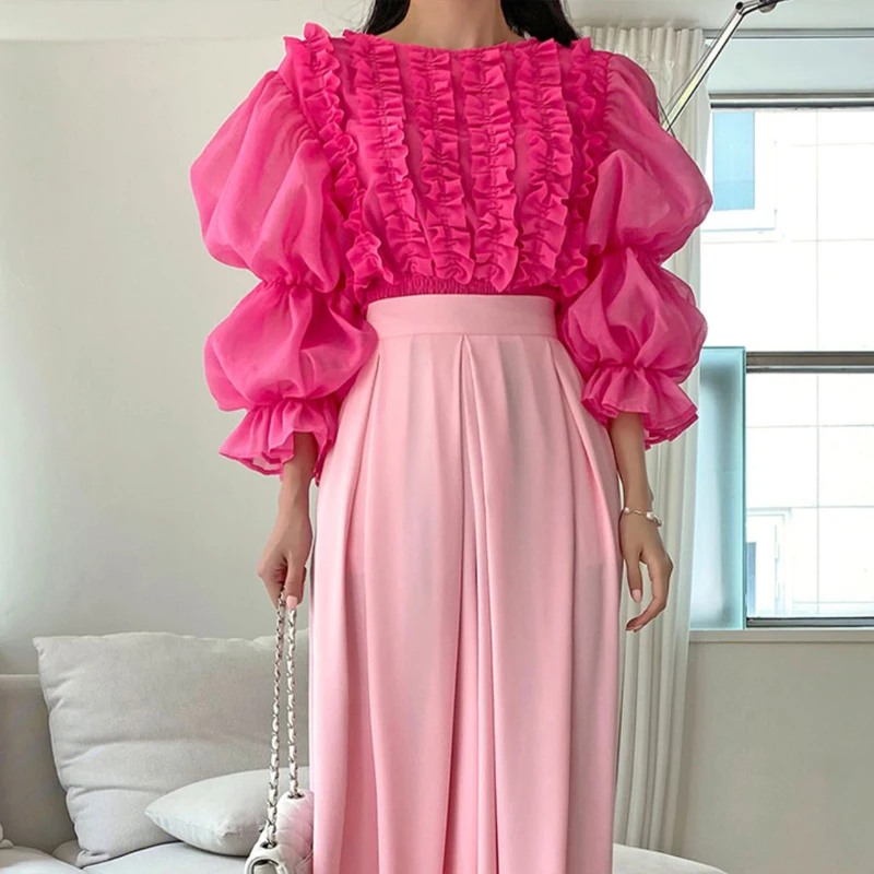 Pretty women\'s Ruffled blouses 2022 New Pink Slim O-neck long puff sleeve tops female shirt Beach Designer clothing INKEO 2T167