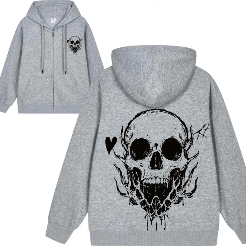 Moletom com capuz masculino com zíper e design de caveira em moletom preto 2025 novo estilo casual para casais casual e solto