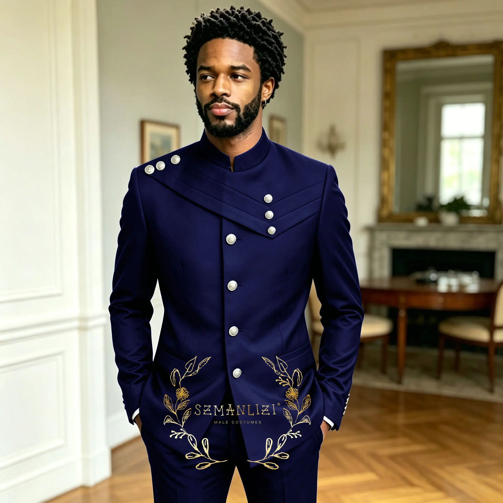 Dark Green Men's Suit African Design 2 Pieces Single Breasted Formal Wedding Sets Stand Collar Groom Tuxedos Party Pants Blazer
