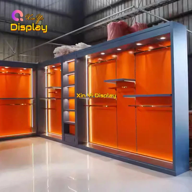 custom.Custom LED Modern Stainless Steel Handbag Hanging Step Shelf Display Stand Wall Clothes Showcase Rack Recycl