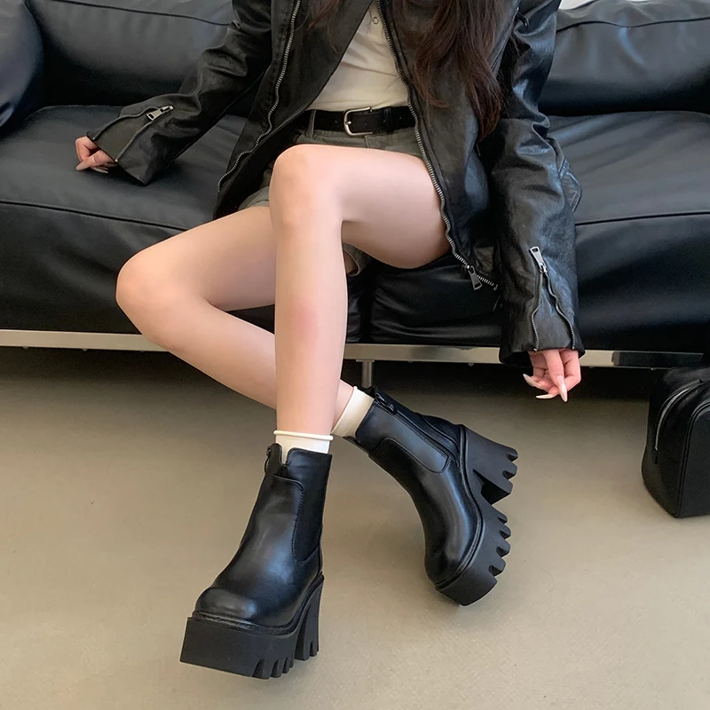 Black Heels Ankle Boots For Woman Platform Shoes Fall Round Toe Punk Chunky Heel Boots 2026 Ladies Goth Shoes Bottes Femmes