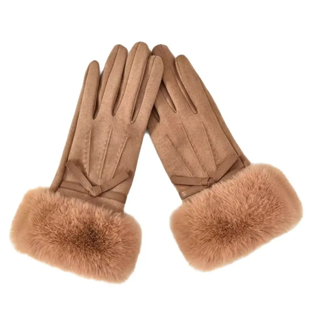 

Cute Velvet Winter Suede Gloves Bow Thick Pu Leather Gloves Waterproof Solid Color Women Cycling Mittens Winter