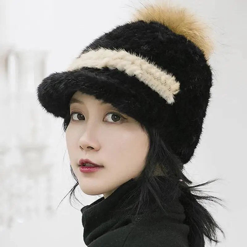 

Mink Fur Knight Hat Women Winter Fashion Mink Fur Weave Baseball Cap With Fox Fur Ball Women's Warm Fur Cap Female Black Fur Cap