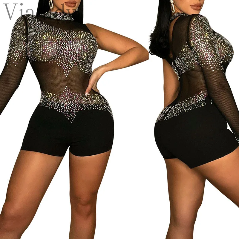 

Women Sexy One Shoulder Long Sleeve Sheer Mesh Rhinestone Skinny Romper