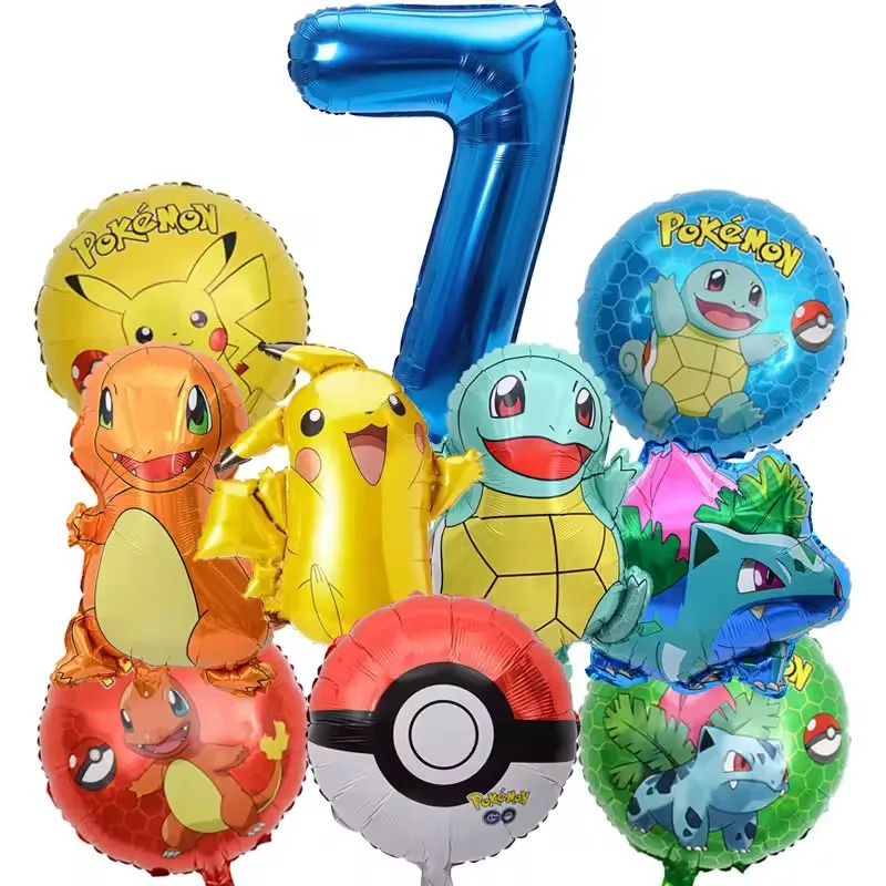 10-teiliges Pokemon-Luftballons-Set, Pikachu-Pokemon-Ball-Luftballons, 32 Zoll, blauer Zahlenballon für Kinder, Dekoration für die 1.-9. Geburtstagsfeier