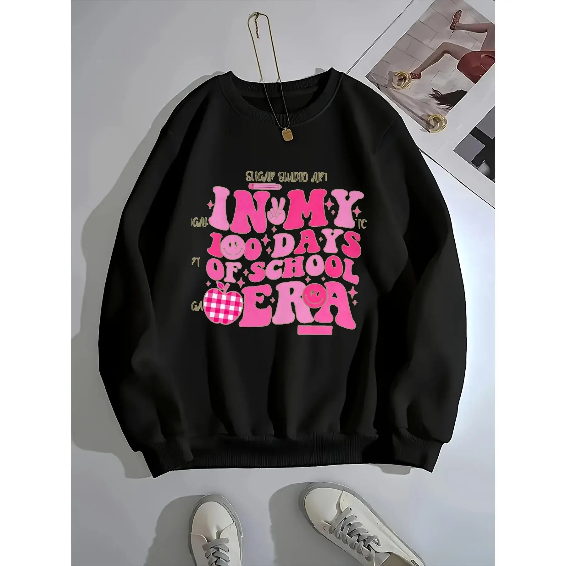 

Women's 100 Days of School Sweatshirt Happy First Day Pink Graphic Pullover Teacher Student Loose Long Sleeve Top