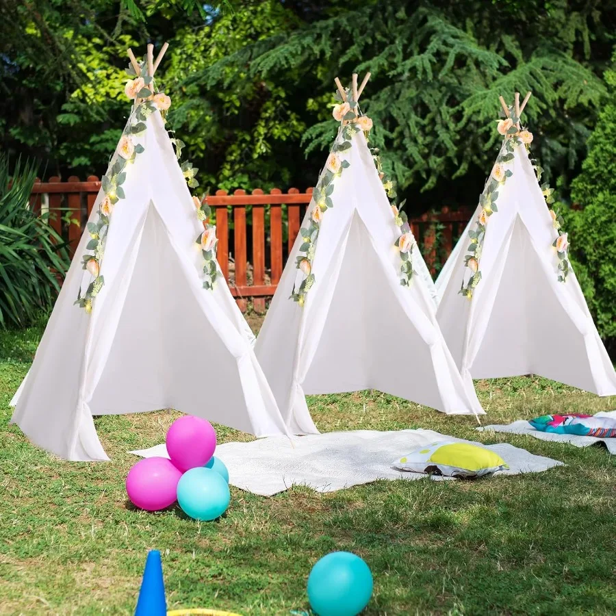 6 Sets Tipi Tent Indoor Katoen Linnen Tipi Speeltent met 6,6 ft Roze Fake Rose Vine Kunstmatige Garland 10 ft Werkt op batterijen