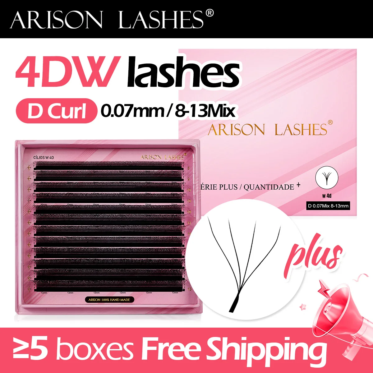 ARISON Plus 2 in 1 4D Lashes Magnetic Carton Premade Volume Fans Eyelashes Extension 4D W-shape Eye Lashes For Wholasale