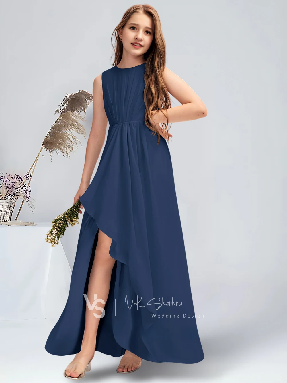 A-line Scoop Floor-Length Chiffon Junior Bridesmaid Dress With Cascading  Ruffles Sky Blue Flower Girl Dress for Wedding Teens - AliExpress 320