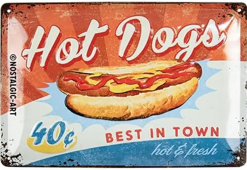 Letrero de chapa retro de arte nostálgico, 7,9; x 11,8;, USA Diner Hot Dogs – Idea de regalo para ; fans, placa de metal, decoración de pared de diseño vintage