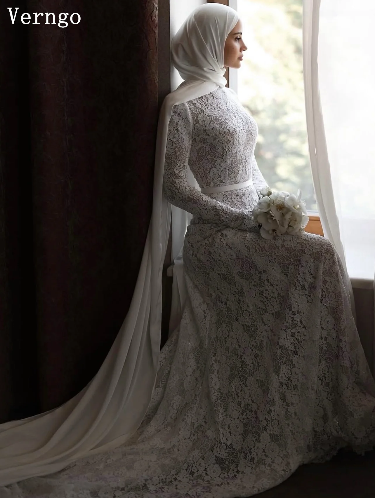 Verngo Lace Wedding Dress High Neck Full Sleeves Mermaid Bridal Gowns Mulism Prom Bride Dresses Customized