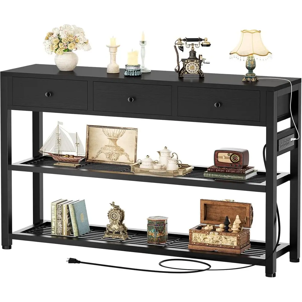 

Тумба для прихожей 47 дюймов с розетками и USB-портами, консольный стол с 3 ящиками, узкий длинный приставной столик с полками для хранения