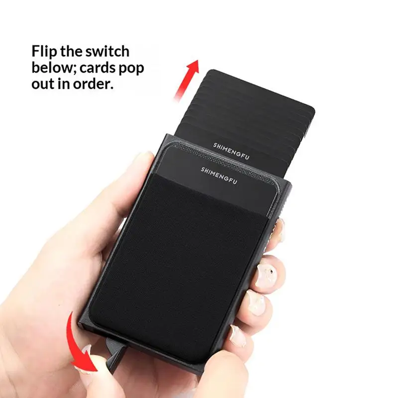 Slim Aluminum Wallet With Elasticity Back Pouch ID Credit Card Holder Mini RFID Wallet Automatic Up Bank Card Case
