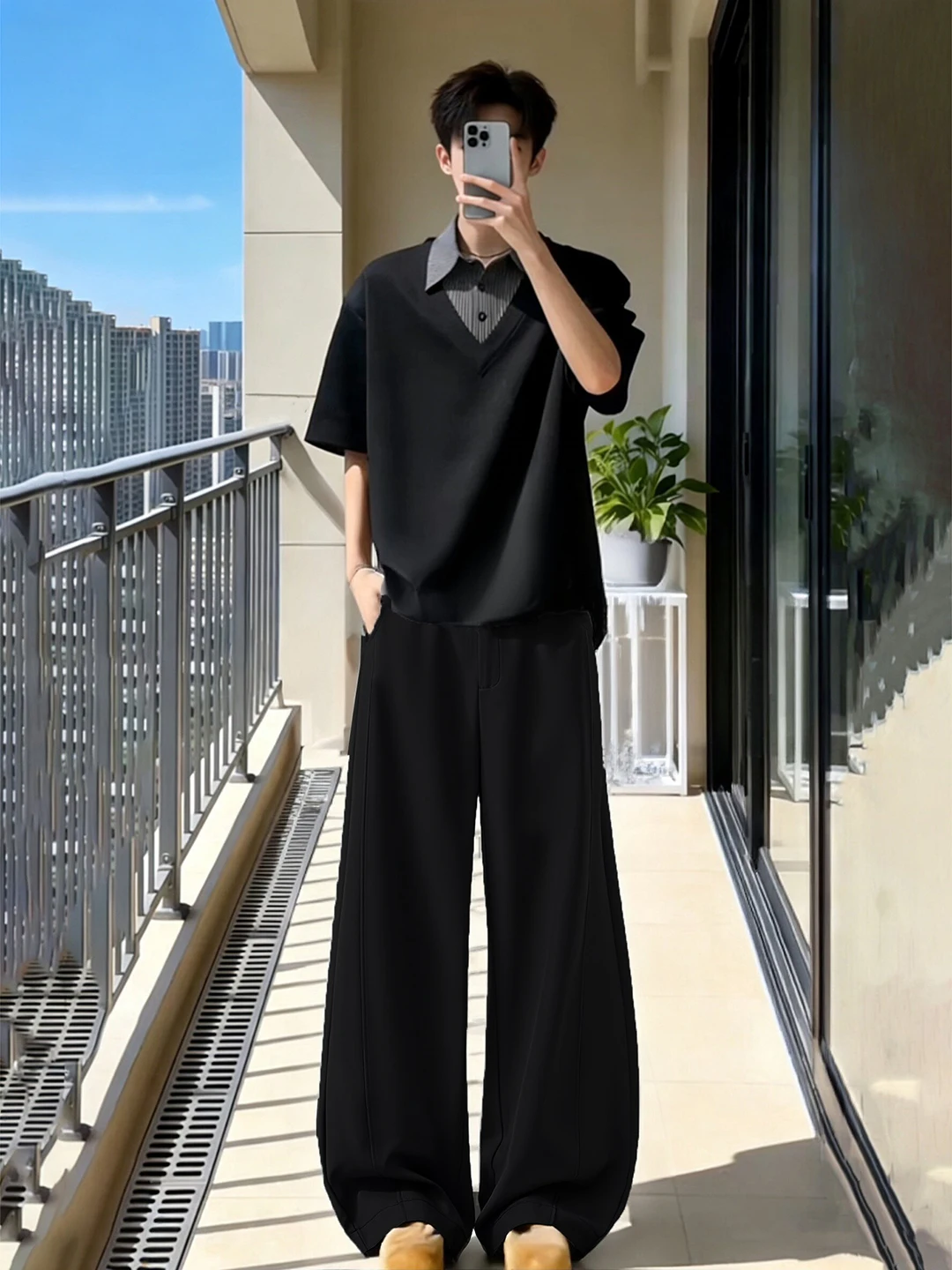 

Bla Slant Cut Wide Leg Pants Men's Spring Cleanfit Flared Straight Leg Trousers Casual Loose Fit mid Waist Other Material
