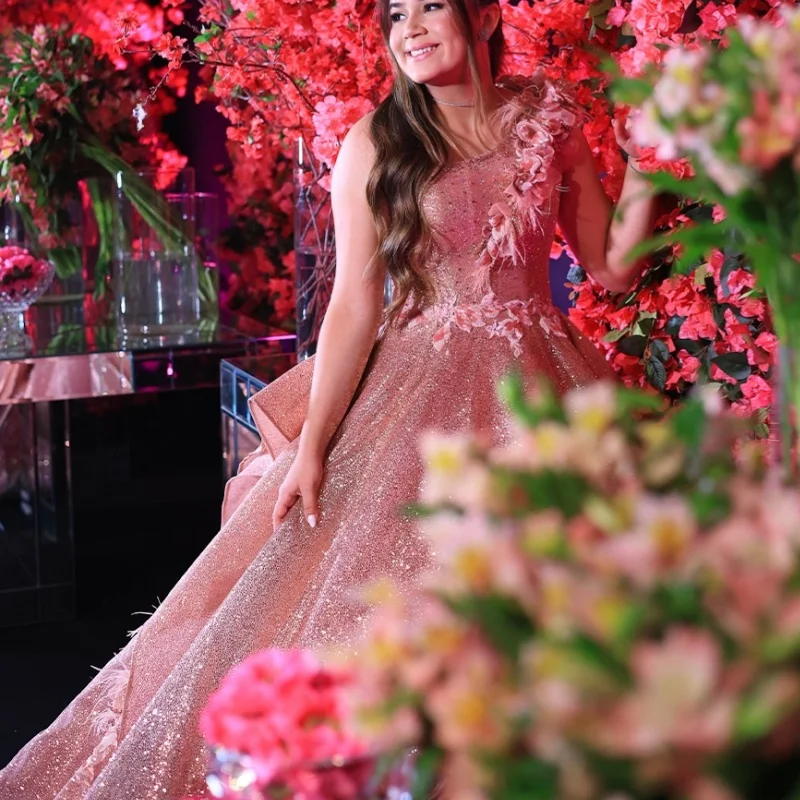 

Shiny Pink Quinceanera Dress Lace layering off-shoulder Tull crystal 3D flower decal vestidos de 15 Quinceanera ﻿Customized