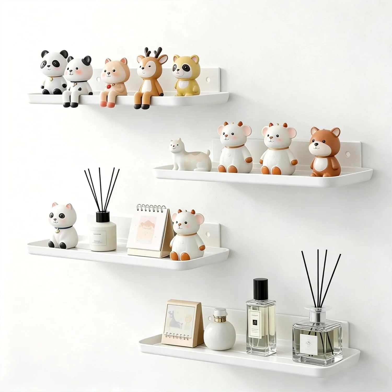 

Adhesive Floating Shelves No Drill Wall Storage for Bathroom Kitchen Bedroom Office, 4 Pack White