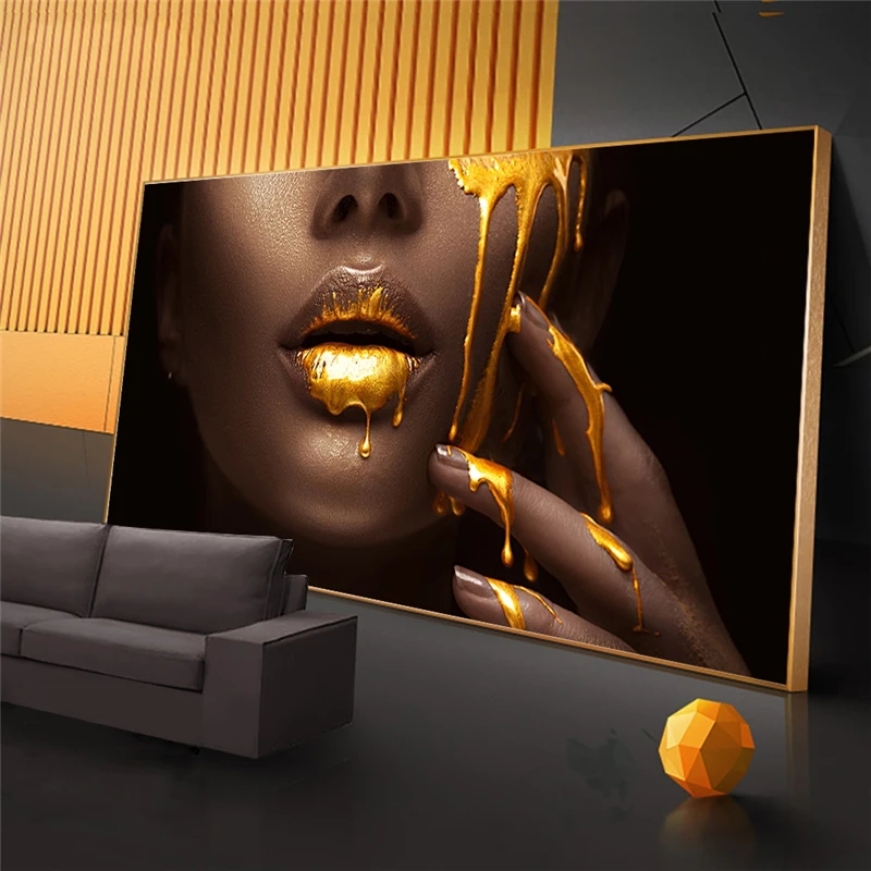 Black Women Face with Golden Liquid Canvas Paintings on The Wall Posters and Prints Cuadros Pictures