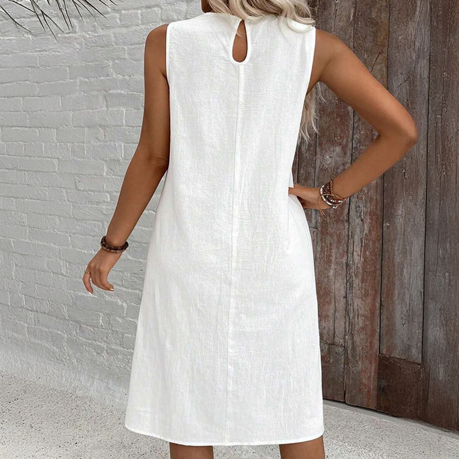 Elegant Floral Printed Lace Stitching O-Neck Sleeveless Women Summer Loose Tank Dress