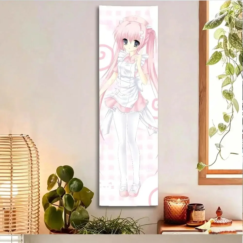 Vintage Anime Pink Twin Tail Girl Vertical Wall Scroll Sweet Nurse Maid Outfit Print Long Fabric Banner Pink Check Background Wa