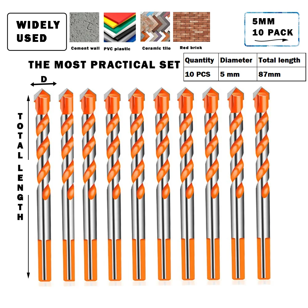 Steinbohrer-Set für Fliesen, Ziegel, Zement, Beton, Glas, Kunststoff, Schleuderblock, Holz, verchromt, Orange (5/10er-Pack) – Detail 6