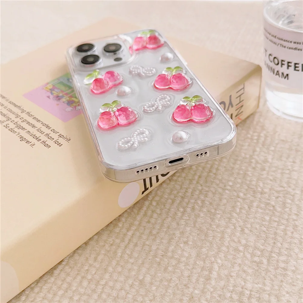 Glitter 3D Fruit Cherry Clear Epoxy Phone Case For iPhone 14 11 12 13 Pro Max Mini 7 8 Plus X XR XS Max SE 2020 case Cute Cover