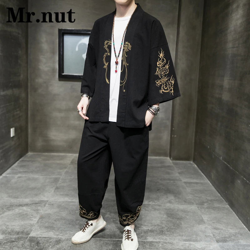 

Mr.nut Dragon Pattern Men Shirts Pants Two Piece Set Cotton Linen Cool Retro Clothes Vacation Party Personalized Hanfu Tang Suit