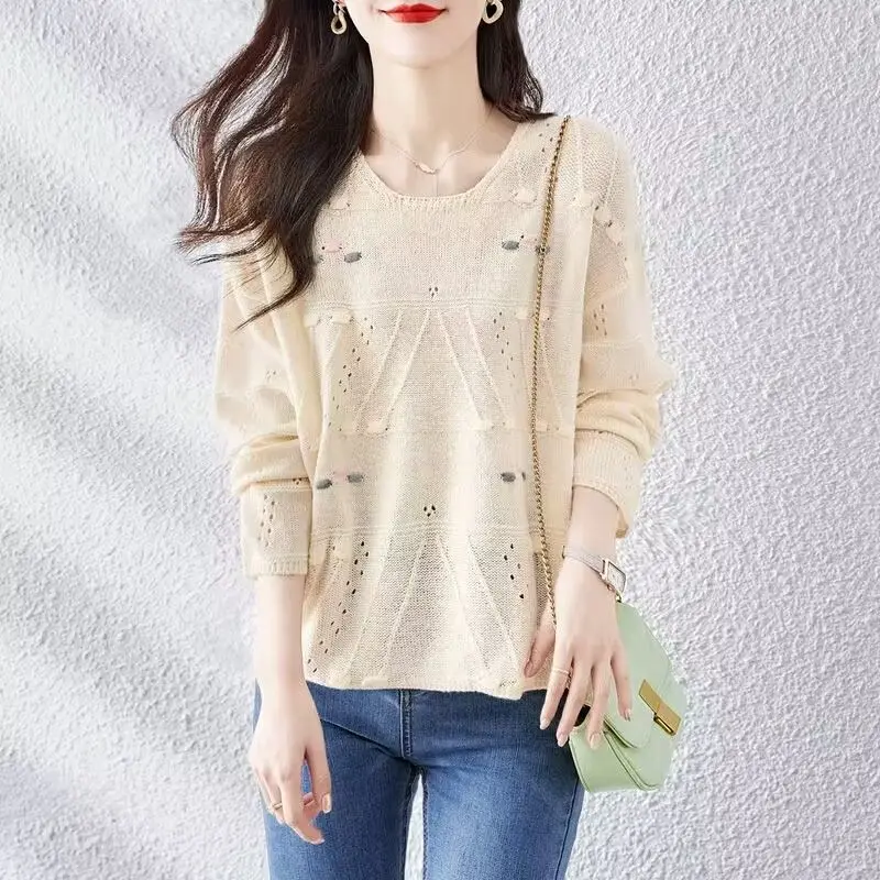 Spring Autumn Women\'s Solid Color Long Sleeve Hook Flower Hollow Sweater Knitted Casual Pullover Round Neck Office Lady Tops